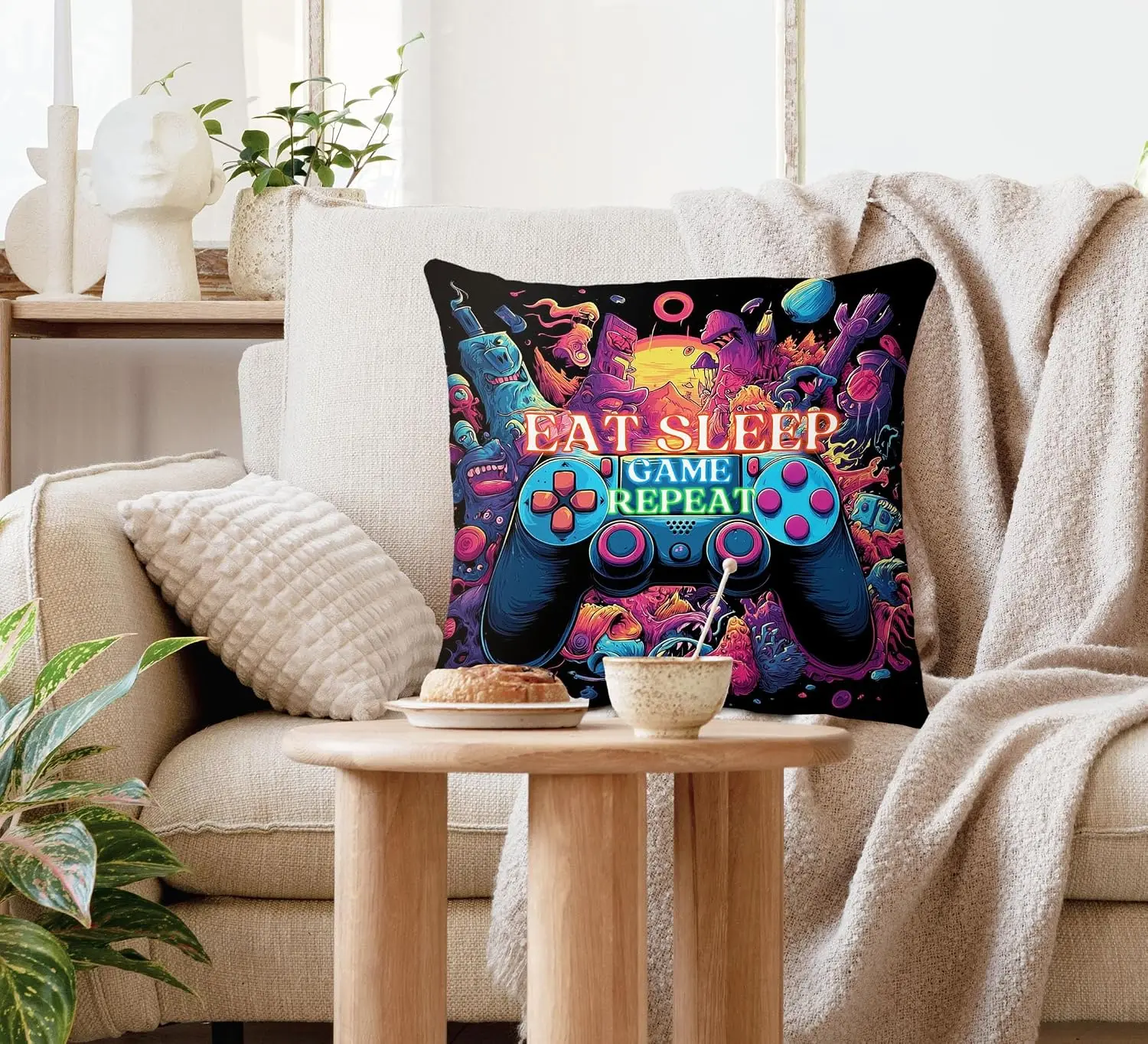 Gaming Pillowcase Throw Pillow Cover Retro Gamer Illustration Art Print Decor Fun Novelty Pop Culture Houseware Cushion Case