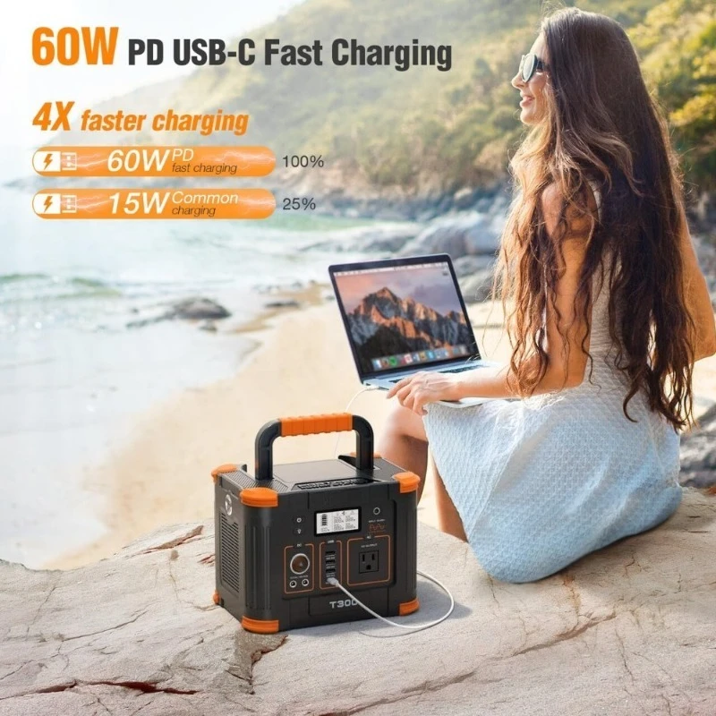 Portable Power Station 300W 288Wh Solar Generator USB-C PD 60W 110V Pure Sine Wave AC Outlet Lithium Battery for Outdoor