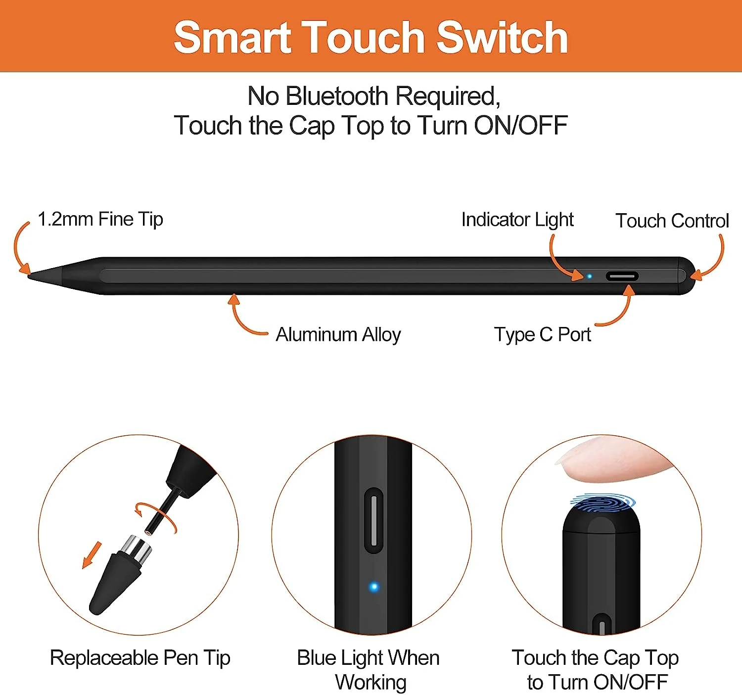 Stylus Pen for iPad Pencil,Rechargeable Active Stylus Pencil Compatible with iPad/Pro/Mini/Air/,Capacitive Touch Screens Tablets