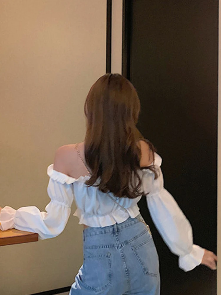 Women Top Sexy Blouse Off Shoulder Top Long Sleeve Solid Color White Shirt Puff Sleeve Ruffle Tunic Crop Top Summer Tube Top