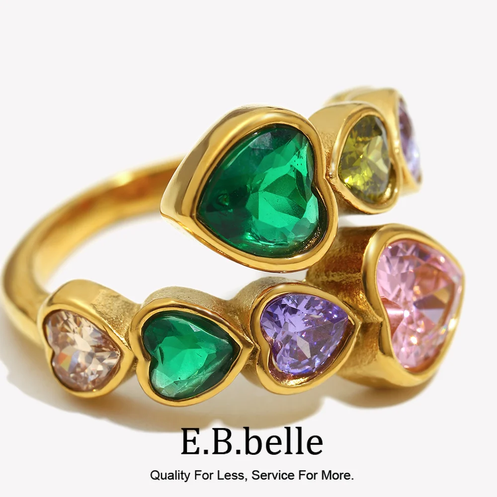E.B.belle Open Heart Zircon Ring Colorful Hypoallergenic 316L Stainless Steel Decoration 18K Gold Plated Jewelry