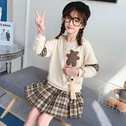 Children's Clothing Sets Bear Hoodie Plaid Pleated Skirt 2pcs Sets Kids Clothes Girls 4 To 13 Years Baby Girl Outfit Set