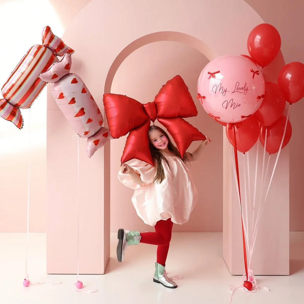 21-teiliges Schleifen- und Bonbon-förmiges Ballonset in Rot und Rosa für Geburtstagsfeiern, Babypartys, Verlobungen, Hochzeiten, Festdekorationen – Detail 1