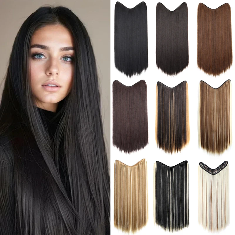 

24Inch Synthetic Long Straight One Piece Hair Extension 4 Clips V-shaped Hairstyle Black Blonde Hairpiece for Women