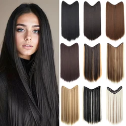 24Inch Synthetic Long Straight One Piece Hair Extension 4 Clips V-shaped Hairstyle Black Blonde Hairpiece for Women