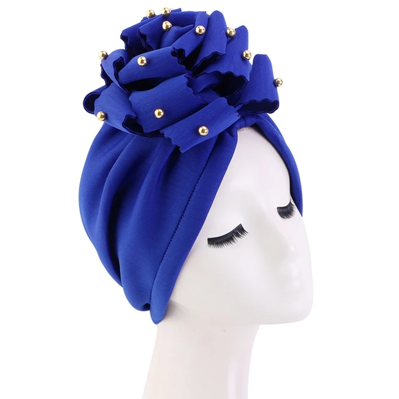 Womeen Solid Color duży 3D kwiat etniczne zwyczaje afrykańska czapka Turban czeski muzułmański Headwrap ozdoby do włosów imprezowe akcesoria do