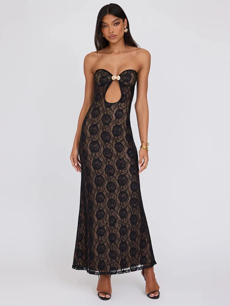 

Mozision Hollow Out Lace Sexy Maxi Dress For Women Off-shoulder Strapless Sleeveless Backless Bodycon Sexy Party Long Dress