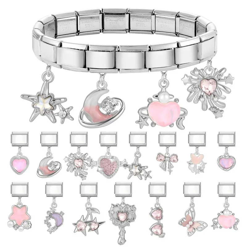 Wholeasle Brilliant Colorful Zircon Bow Love Heart Italian Charm Links Fit 9mm Stainless Steel Bracelet Women Jewelry DIY Making