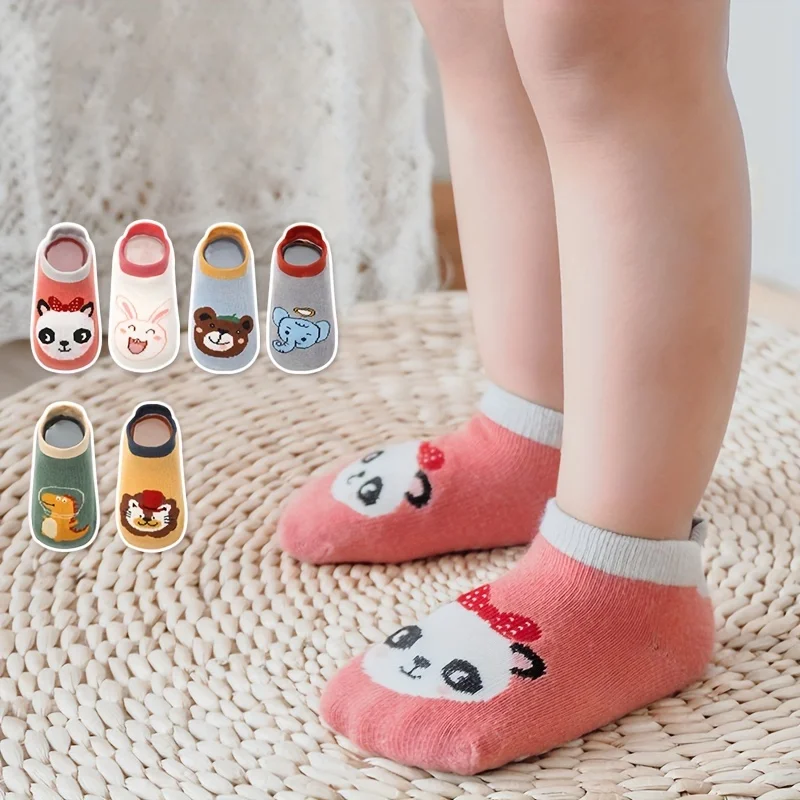 6 pairs of boys and girls' anti slip socks with cute cartoon animal patterns, comfortable and breathable baby floor socks