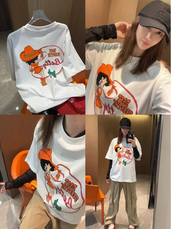 

Большие размеры 300, новая летняя женская свободная футболка ort Sve спереди и с оранжевым принтом Ba, модная корейская футболка средней длины