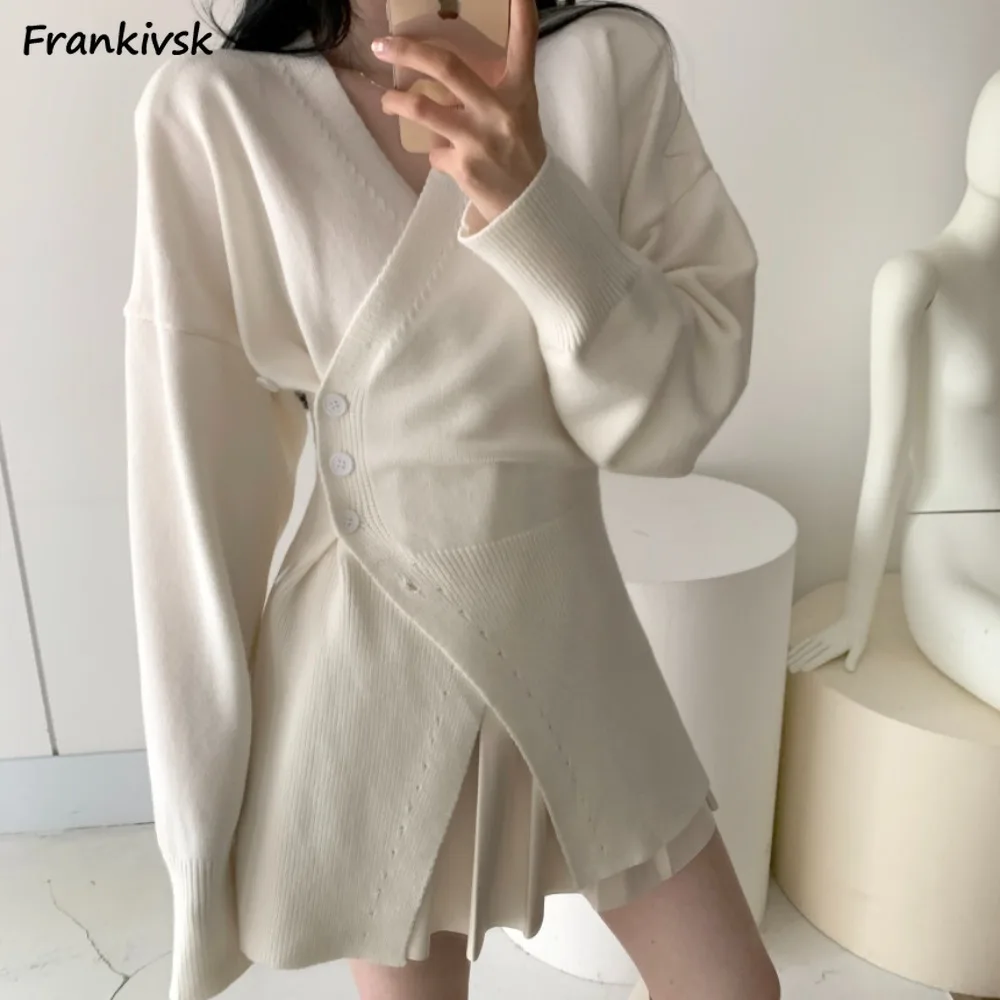 

Asymmetric Loose Cardigan for Women Button V-neck Knitted Tops Spring Autumn Fashion Ins Creativity Designed Korean Style Trendy