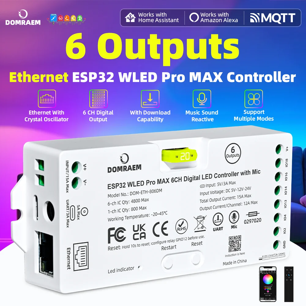 DOMRAEM Pro MAX 6CH Adressierbarer LED-Controller ESP32 WLED-Firmware Ethernet-WiFi-Verbindung PDM Mikrofon-Schallreaktions-Relais 20A Sicherung DC5-24V 360W Für WS2811 WS2812B WS2805 SK6812 Licht