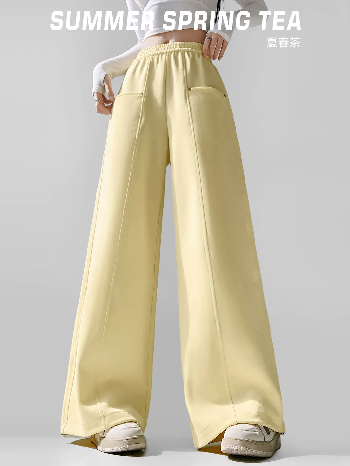 

Summer Spring Tea High Waist Wide Leg Pants Draped Soft Loose Fce Lined Sports Trousers Casual Straight Cut Trousers
