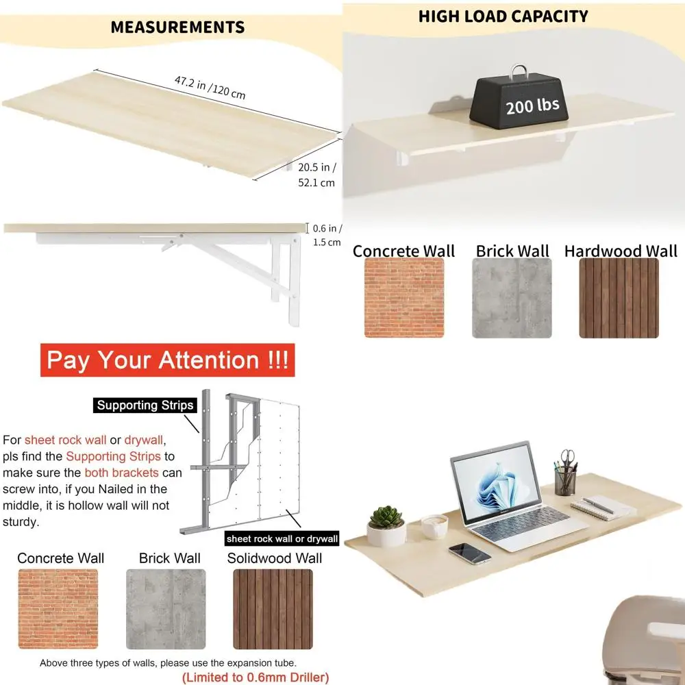 

Space-Saving Wall-Mounted Folding Desk and Table, Natural Wood, 47 x 20.5
