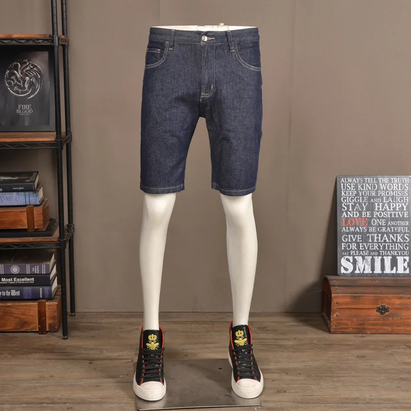 Summer thin fashion printed denim shorts men's trendy brand personalized slim fit elastic trend casual five quarter pants