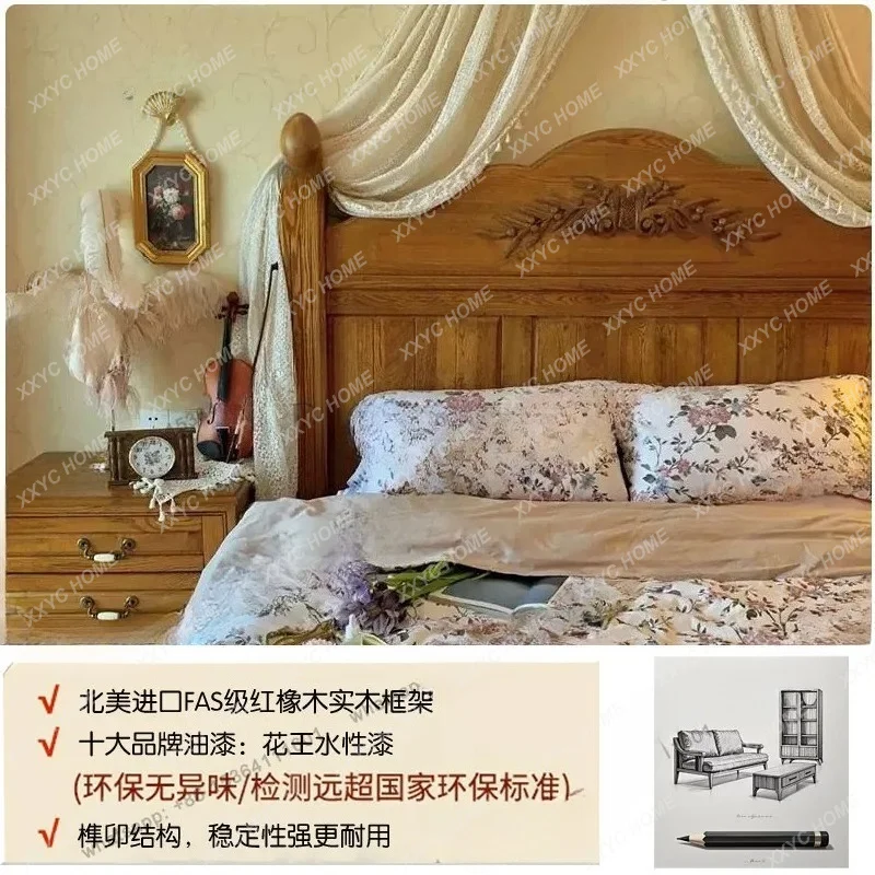 XX L retro carved solid wood bed antique villa master bedroom furniture log double bed