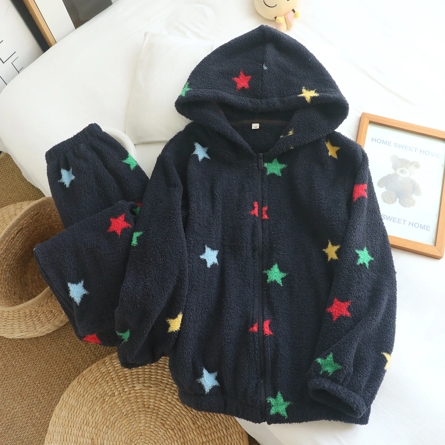 Women Print Pijamas Suit Thick Flannel Long Sleeve Zipper Sleepwear Autumn Winter 2PCS Pajamas Set Sweet Hooded Loungewear