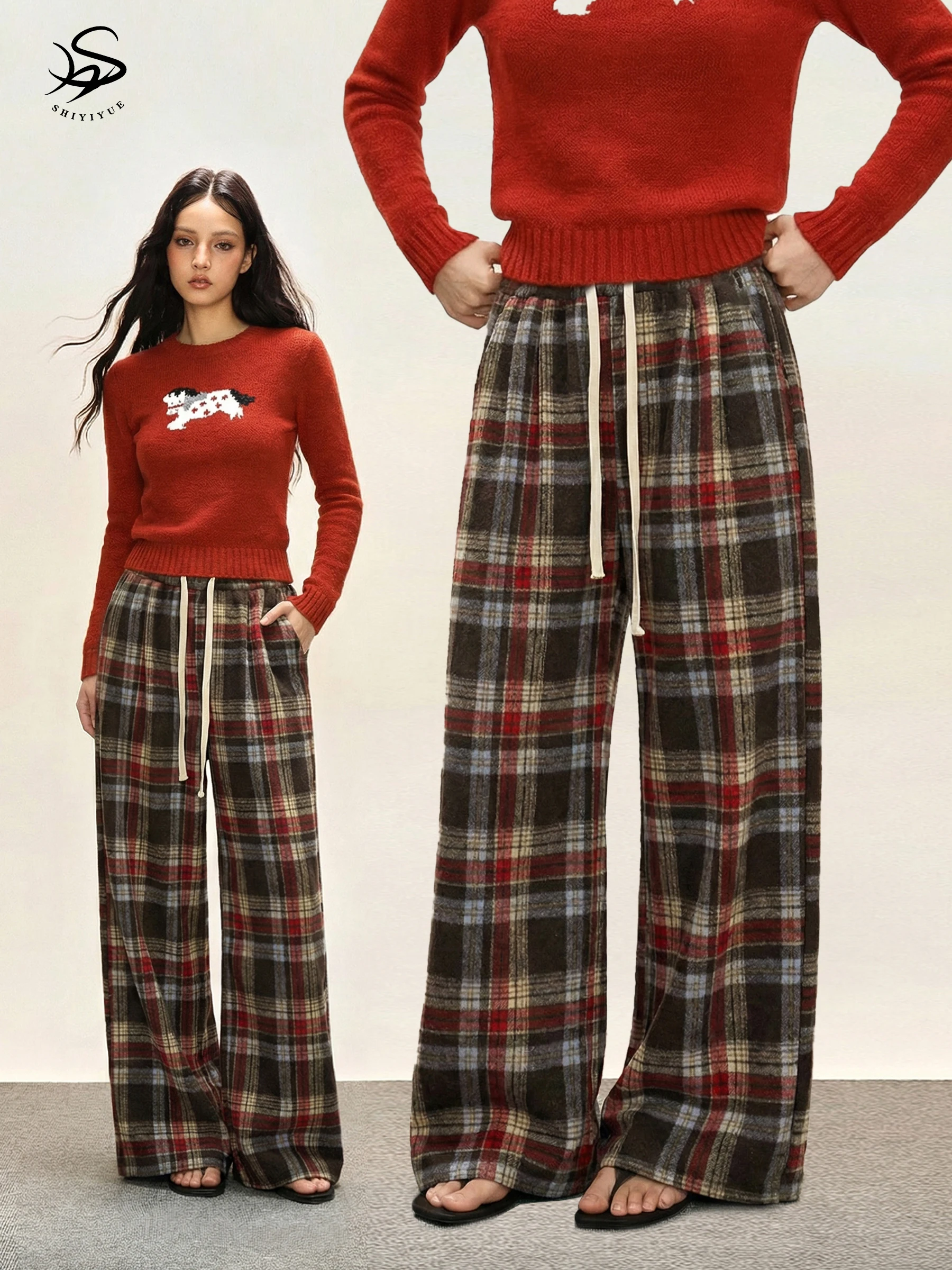 

Women's Fce Lined Wide Leg Pants with Dstring Loose Casual Trousers Autumn Winter Comfortable Loose Fit Straight Cut