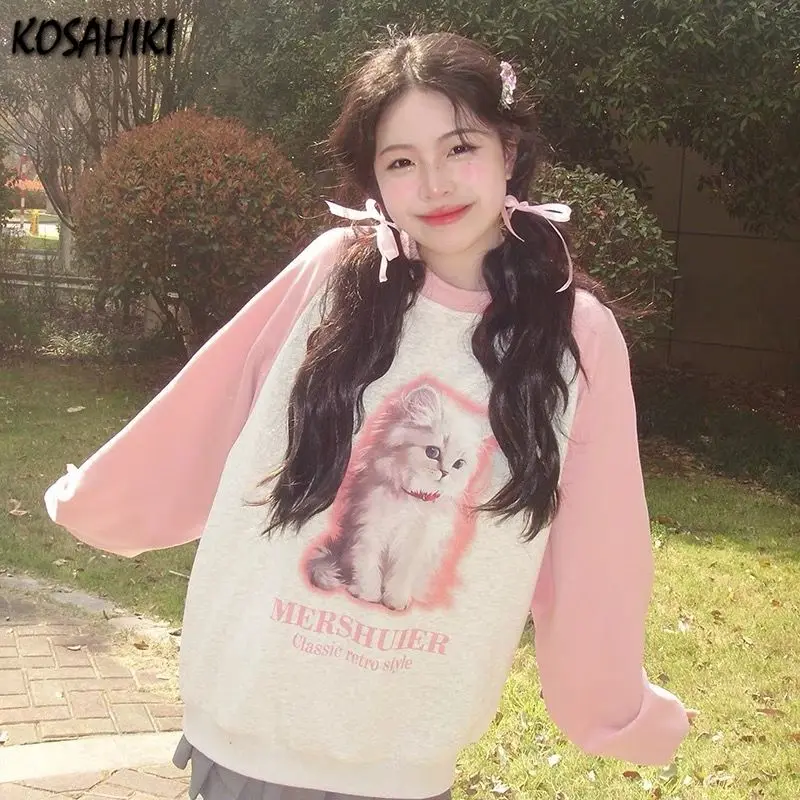 Patchwork Contrast Color Cartoon Cat Print Hoodies 2024 Casual Women Y2k Aesthetic Tops Harajuku Grunge Oversized Sweatshirts