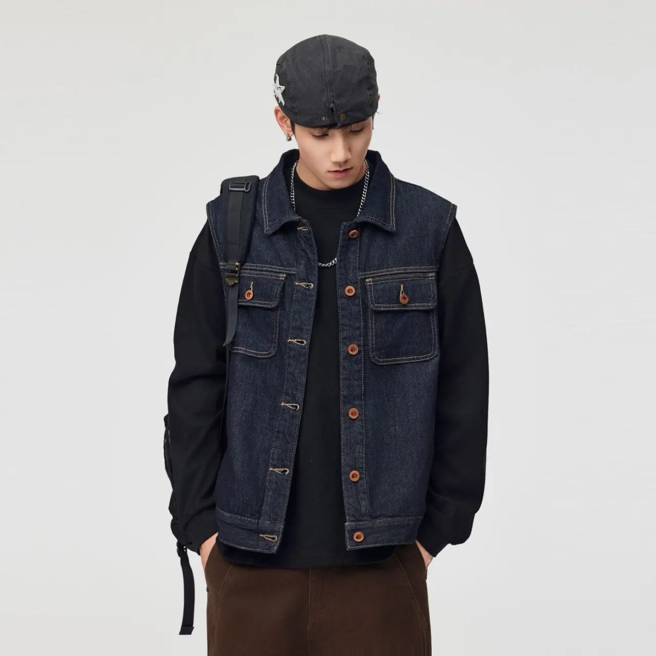 Men Japanese Retro Amikaki Fashion Loose Casual Denim Vest Sleeveless Jacket Cityboy Jeans Waistcoat for Women Vests