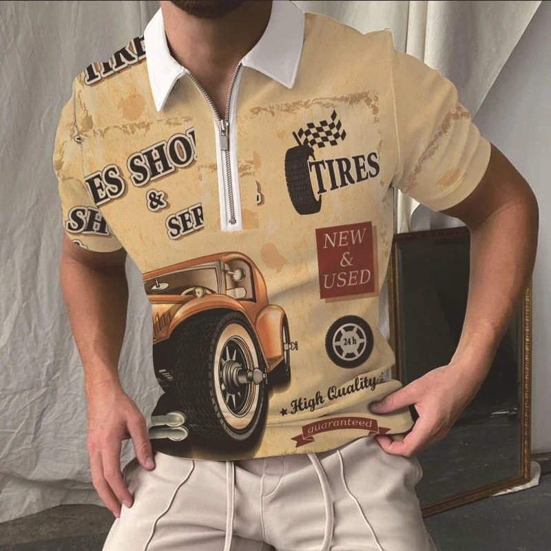 Route 66 Polo Shirt for Men Hawaiian 3D Print Zipper Polo Short Sleeve Summer Shirt