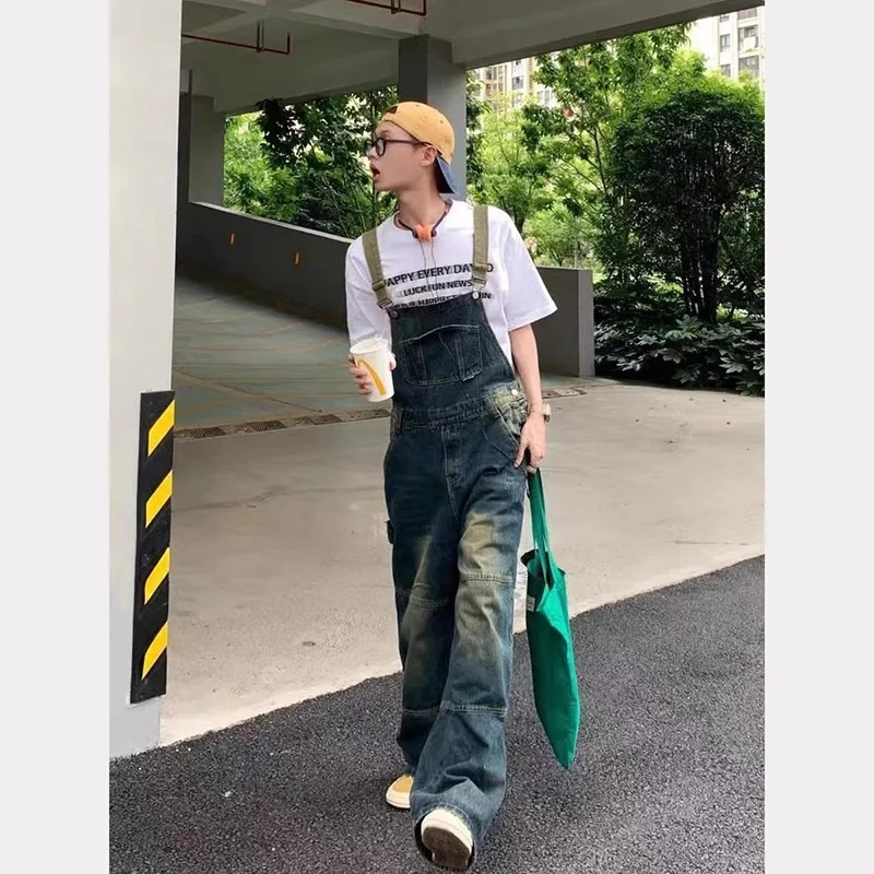 

2025 American Heavyweight Washed Denim Overalls, Men's Straight Leg Vintage Blue Jumpsuit