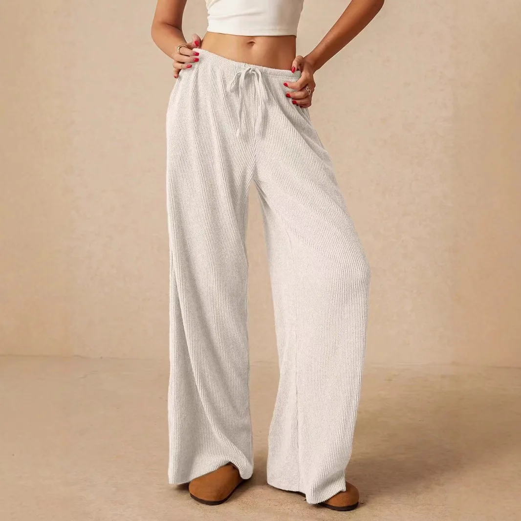 Women's Wide Leg Floor Length Pants Fall Winter High Waist Elastic Waistband Loose Trousers Casual Commuter Office Draping Pants