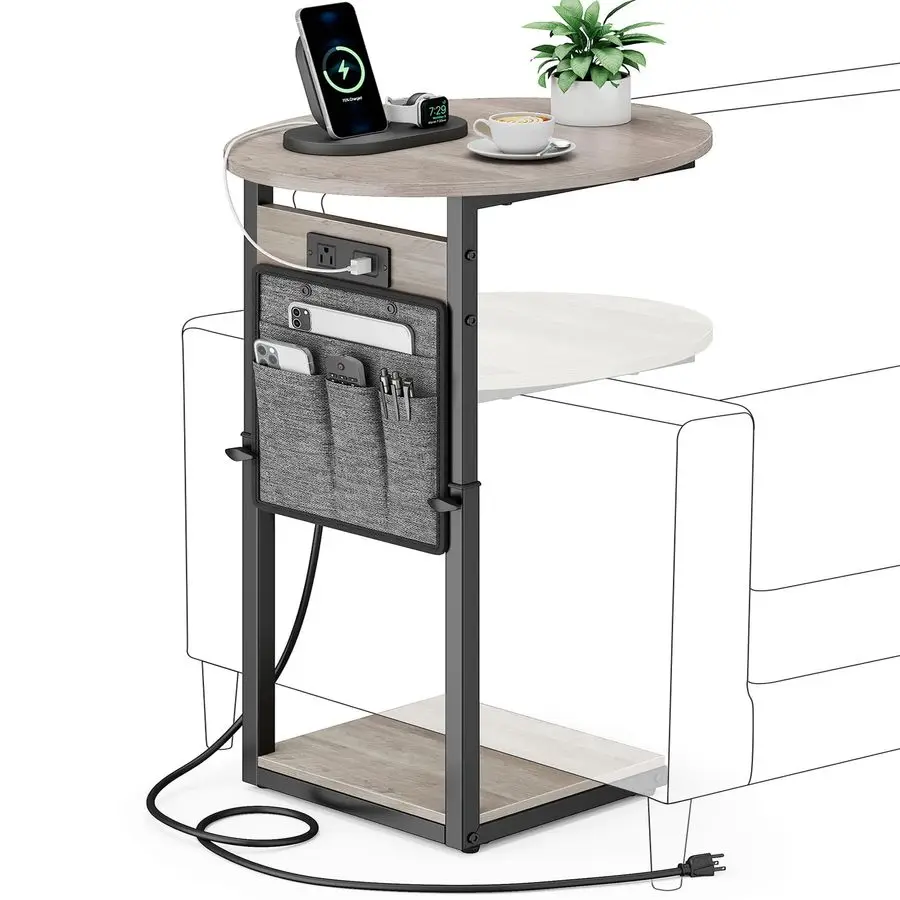 

C Shaped End Table with Charging Station, 32 Tall Side Table for Couch and Recliner, Adjustable Height Small Couch Side Table Sl
