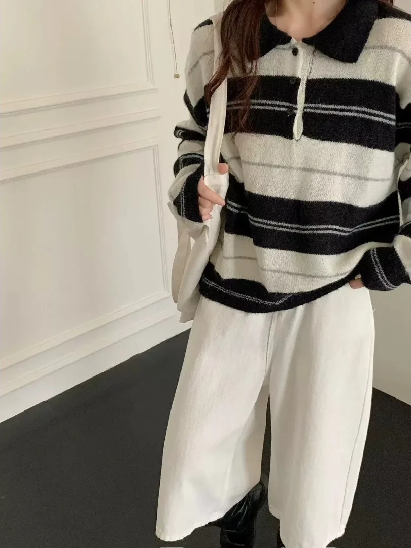 Ladies' Soft Cozy  Collar Knitted Sweater Loose Fit Vintage Striped Top for Early Autumn Casual Wear Comfortable Knitwear