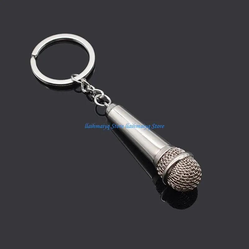 573B Delicate Keyfob Music Jewelry Gift for Men Women Teens Silver Microphone Keychain Bag Charm Pendant for Key Ring Decorat