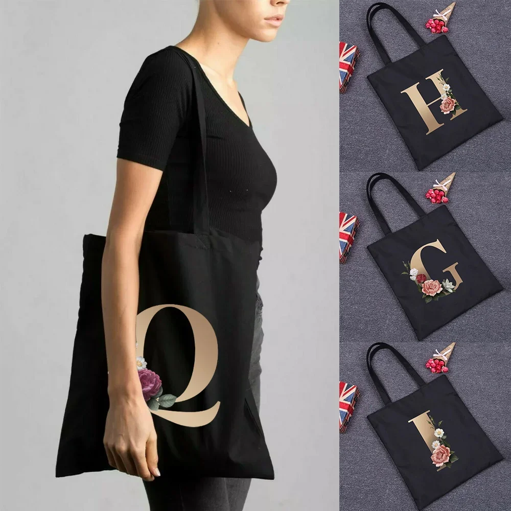 

Ladies Shopping Bag Shoulder Bag Portable Foldable Black Handbag Large-capacity Golden Letters Tote Bag Woman Travel Bags