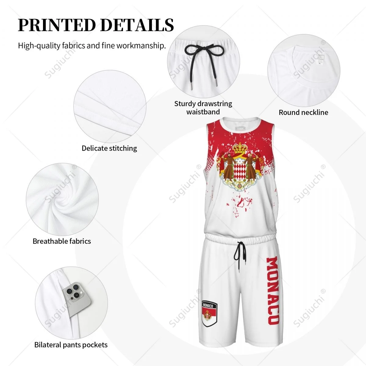 Team-up Monaco Flag Grain Conjunto de camiseta y pantalones de baloncesto para hombre, sin mangas, nombre personalizado, Nunber exclusivo