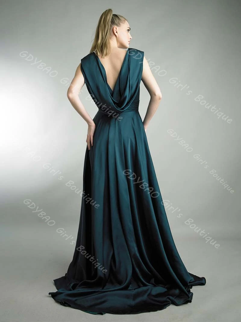 ชุดราตรีผ้าซาตินจับจีบหรูหราสำหรับผู้หญิง คอวีคู่ ผ้าคลุมหลัง ชุดออกงานพร้อมชายกระโปรงผ่าแบบแปรง สามารถสั่งตัดได้