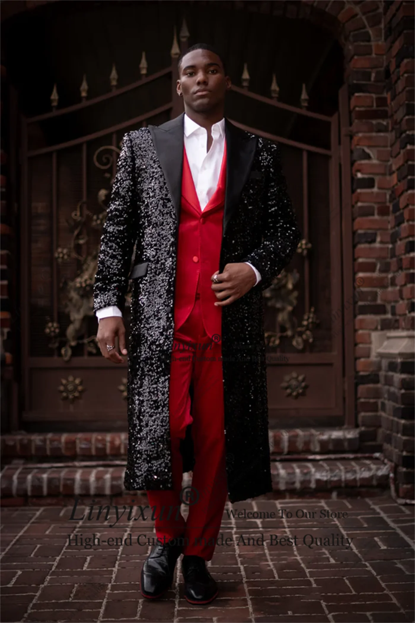 Shiny Men Suits Luxury Sequin Crystals Groom Wedding Tuxedos  Bridegroom Prom Blazers Long coat + pants Customized ropa hombre