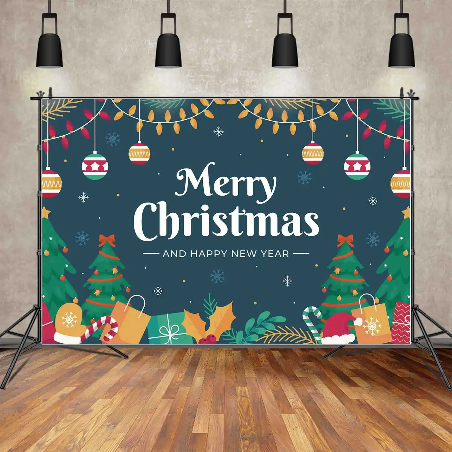 MOON.QG fondale buon natale Banner Baby Party Decoration sfondo Kid Gift Hat foglie di pino Blue Snowflake Sky Photo Booth