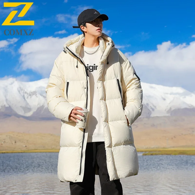

COMXZ 2025 Men's Mid-Length Down Jacket Winter Luxury Warmth High Quality 90% White Duck Down Filled Outdoor Parka Coat
