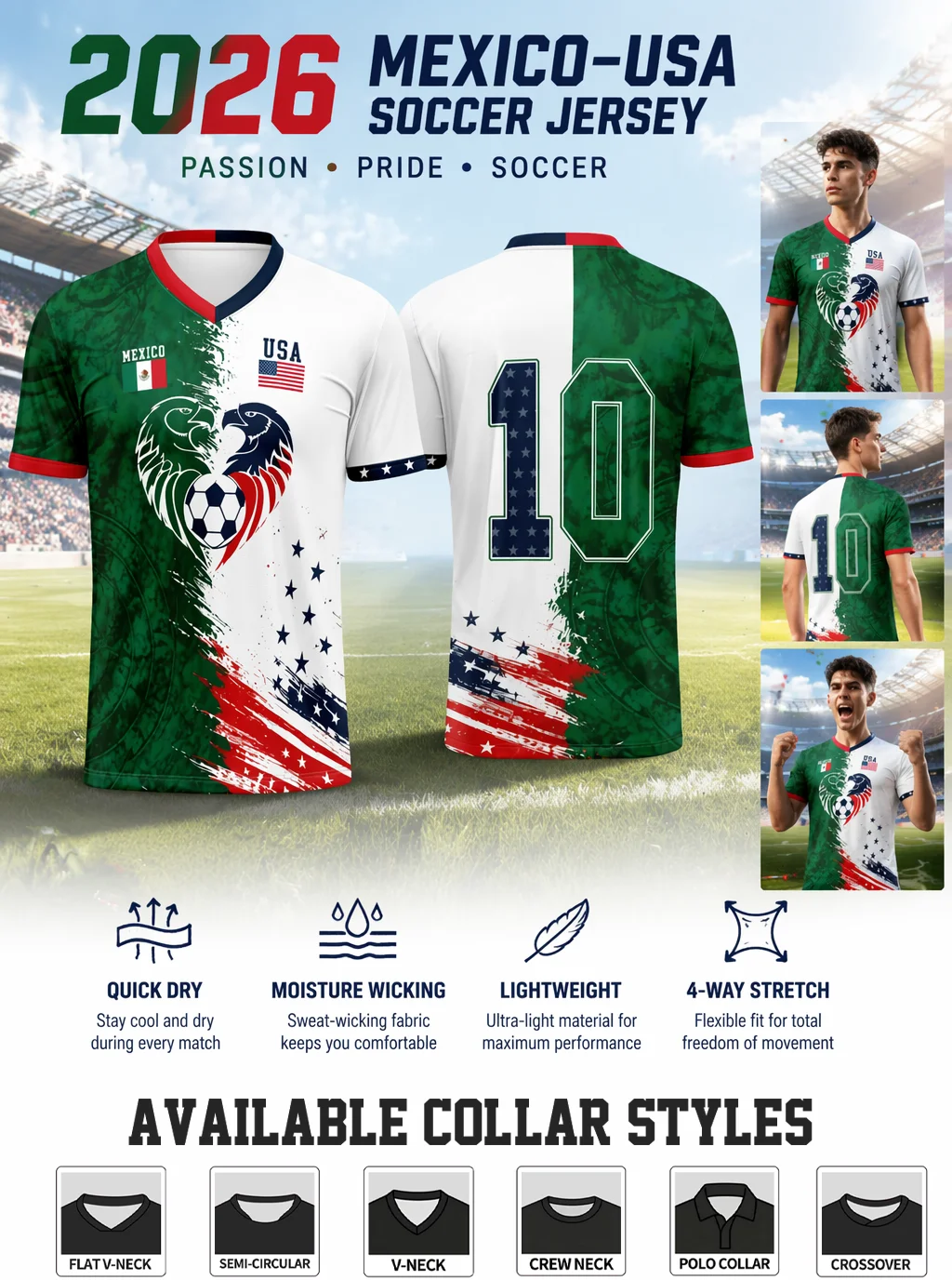 Mexico USA united soccer jersey with dual eagle heart print. Quick dry stretch fabric for cross-border football fans