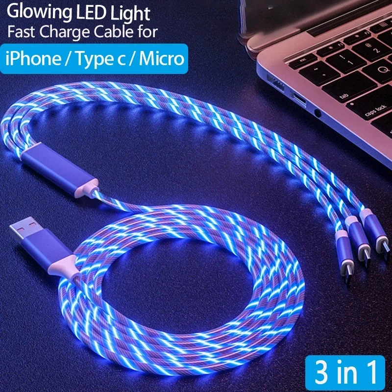 3 in 1 Glowing Cable Mobile Phone Charging Cables LED Light Micro USB Type C Charger for IPhone Samsung Xiaomi Charge Wire Cord