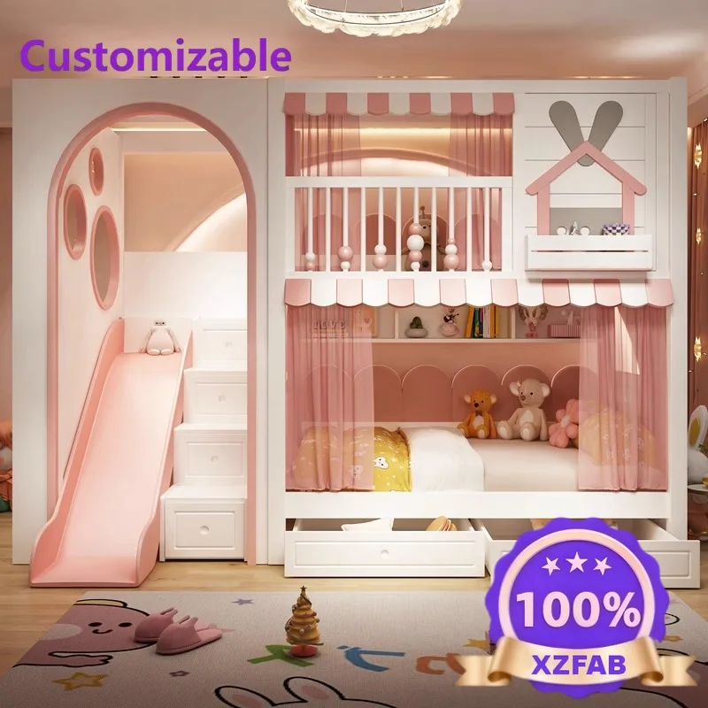Factory Direct 2026 Full solid wood children's bed on and off bed with broadband arch high and  bunk  high guardrail slide cabin