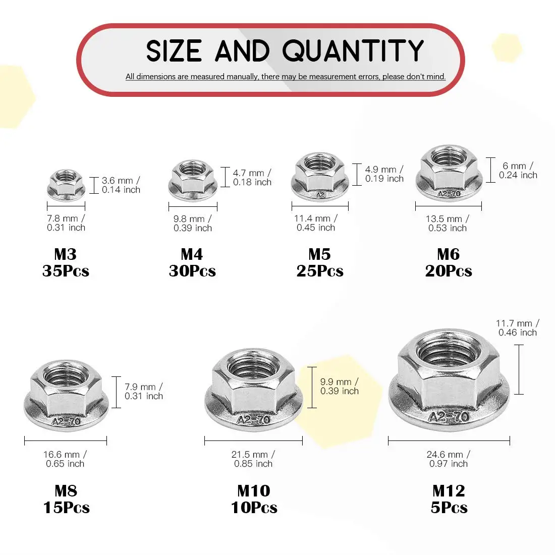 140pcs 304 Stainless Steel Hex Hexagon Flange Nuts Serrated Spinlock Nut Lock Assortment Kit DIN6923 M3 M4 M5 M6 M8 M10 M12