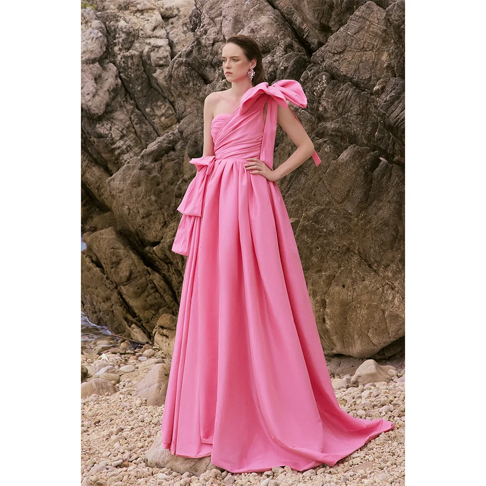 

Customized Elegant One Shoulder Long Evening Dresses A-line Pleated Floor-Length Bridal Wedding Party Girl Prom Gowns