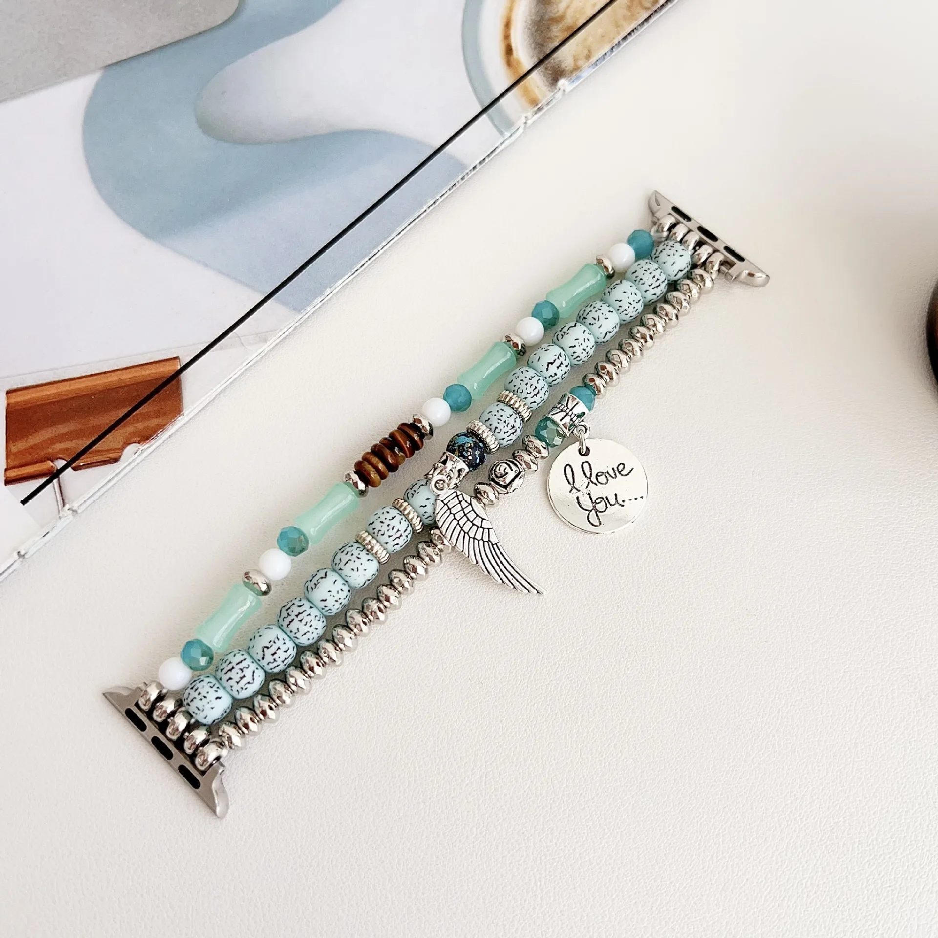 Elegant Multi Layer Beaded Wristband for Apple Watch S11 10 9 8 7 6 5 4 3 Women Wing Letter Bracelet for IWatch Band 38‑49mm 46m