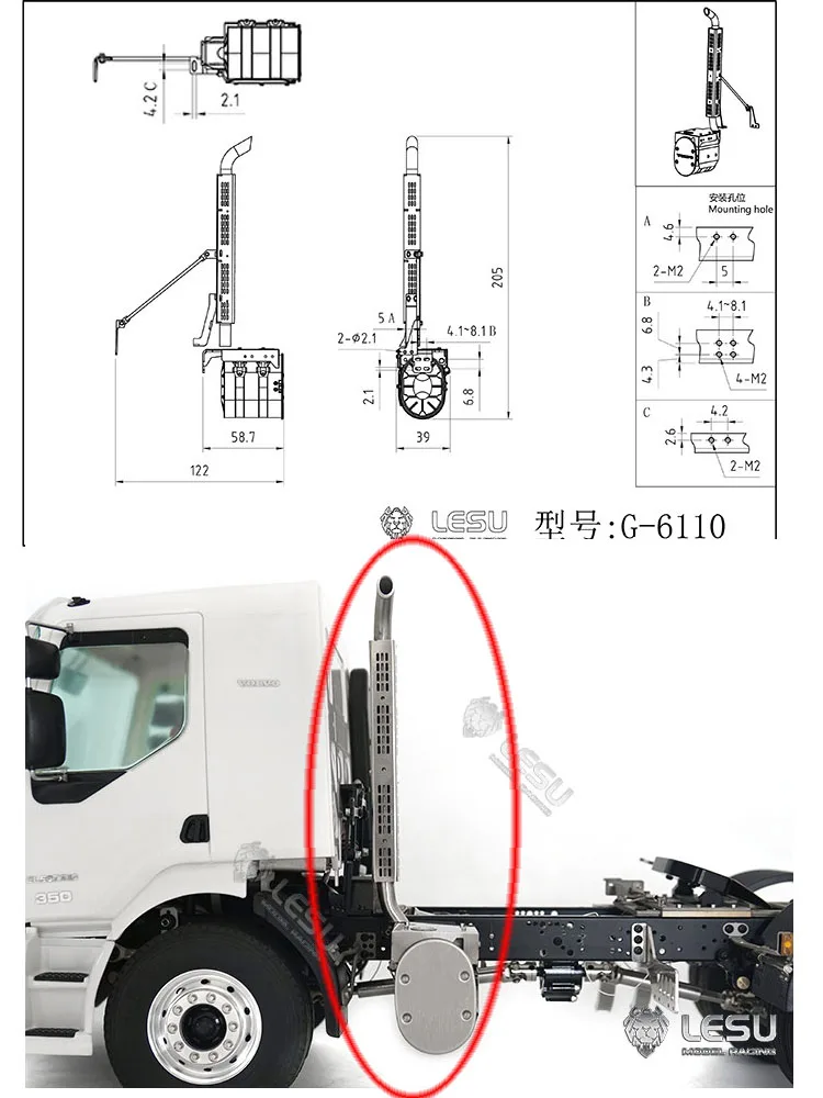 RC 1/14 LESU Auspuffrohr für Tamiya Hydraulikbagger, Lader, Muldenkipper, SCANIA, MAN, VOLVO Anhänger, Kipper, DIY-Teile – Detail 3