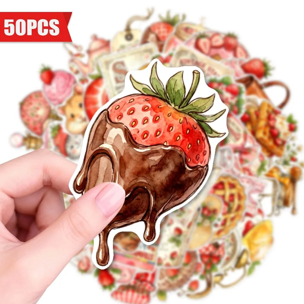 50Pcs Pink Strawberry Dessert Stickers, Waterproof Sweet Treat Decals for Journal, Notebook Decoration AnimeWorlds Store