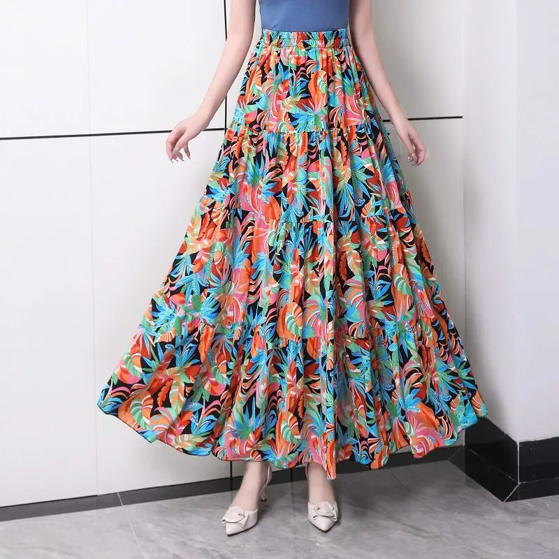 Spring Summer Sweet Floral Printed Maxi Long Chiffon Skirts Elastic Waist Flowers A-line Cakee Pleated Ankle Long Boho Skirts