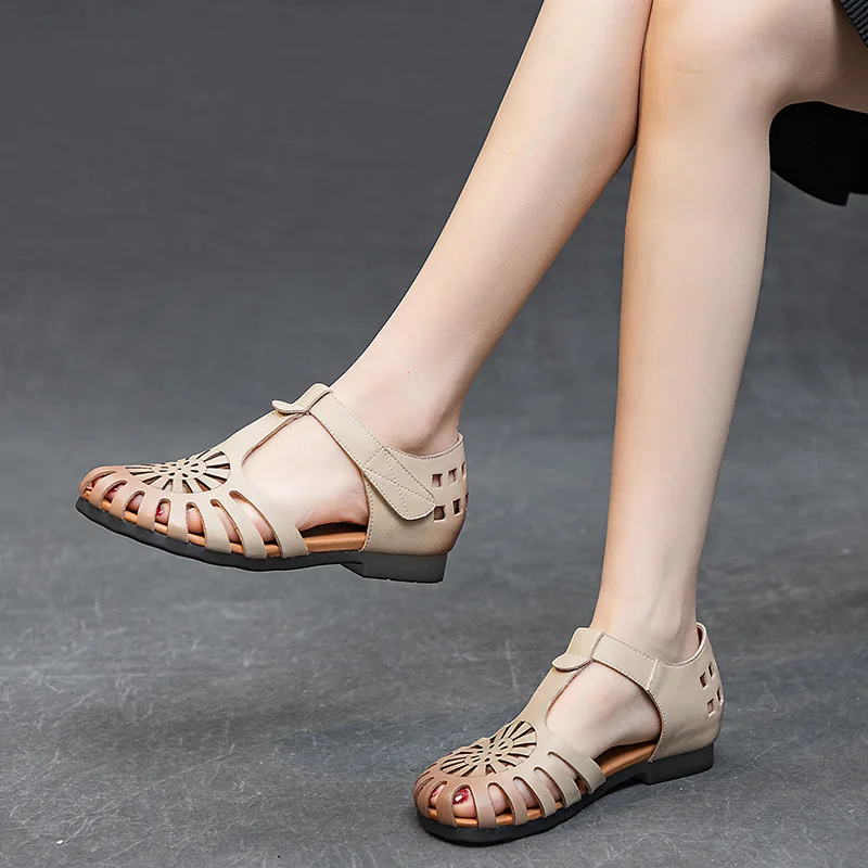 Retro Summer Women Shoes Perforated Hollowed-out Hand-woven Flower Flat Women's Sandals Genuine Leather Shoes