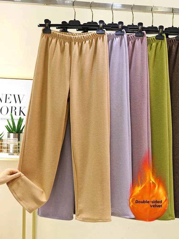 High Waist Thickened Fleece Lined Casual Pants Women's Autumn Winter Large Size Loose Straight Leg Home Wear Double Sided Hom...