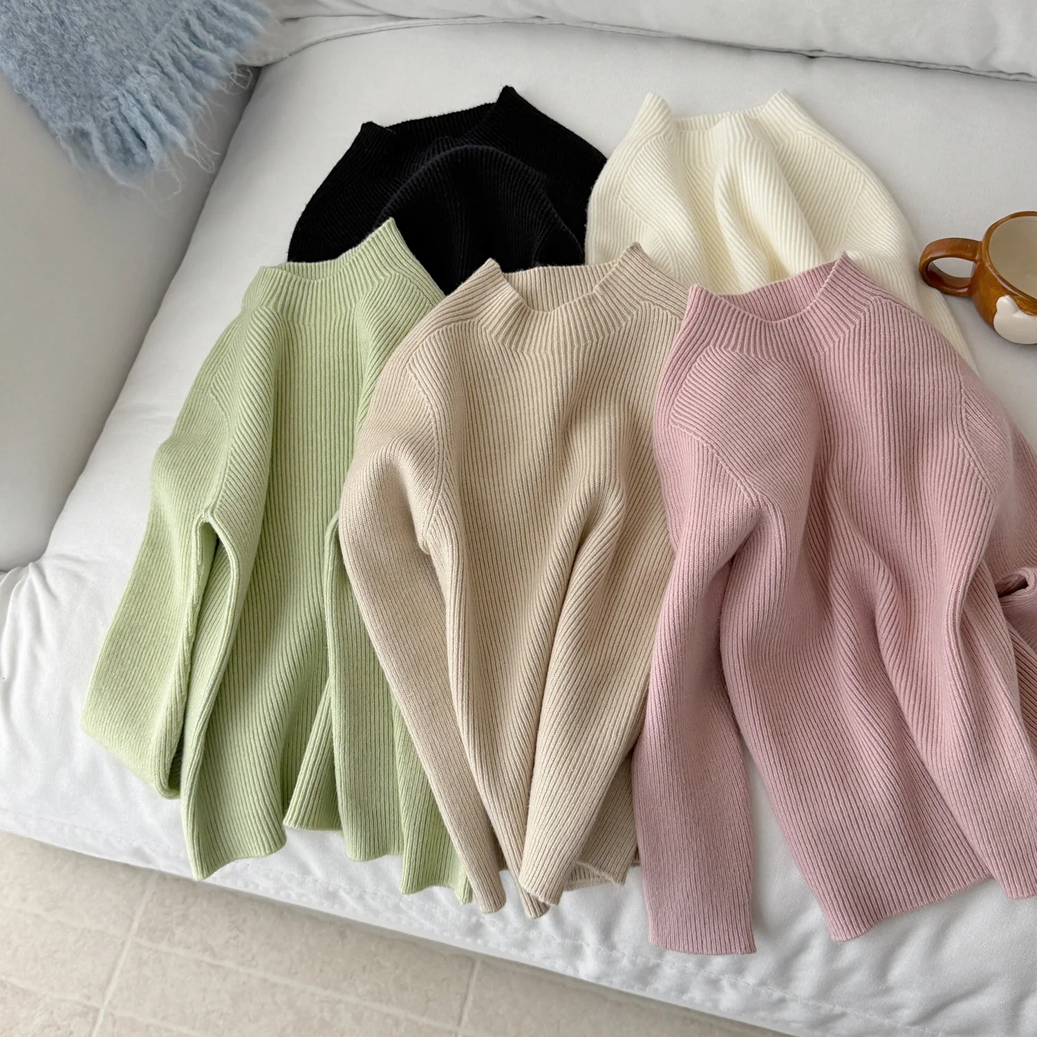 Girls' Base Sweater for Autumn and Winter New Children's Semi High Neck Knitted Sweater Solid Color Interior for Children