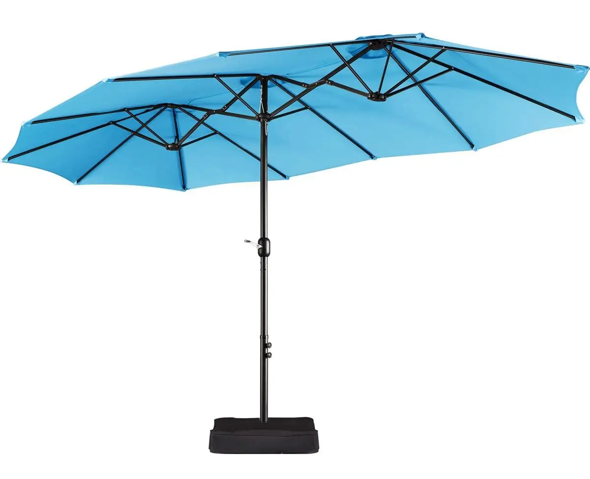 15FT Double-Sided Umbrella 12 Ribs Vented UV Protection Dual Fabric Iron Frame Push Button Tilt Sandbags Garden Pool, Customized
