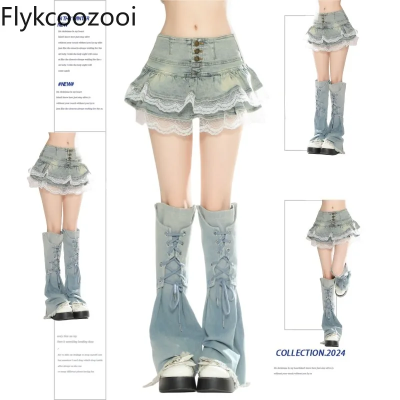 

Y2K Lace Patchwork Bleached Jeans Cake Skirt Women High-waisted A-line Slim Denim Skirt Summer Girls Chic Sweet Streetwear